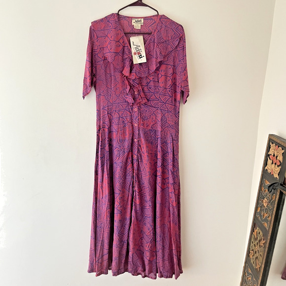 Vintage 70s Ruffle Collar Boho Prairie Dress Purple Batik Print Sheer Hippie - Picture 2 of 11